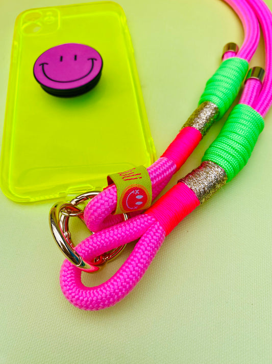 Handykette Neonpink An Apple a day aus Paracord & Segeltau